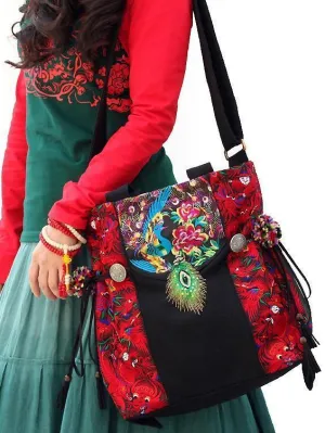 National style retro college literary embroidery one shoulder slung mobile handbag peacock