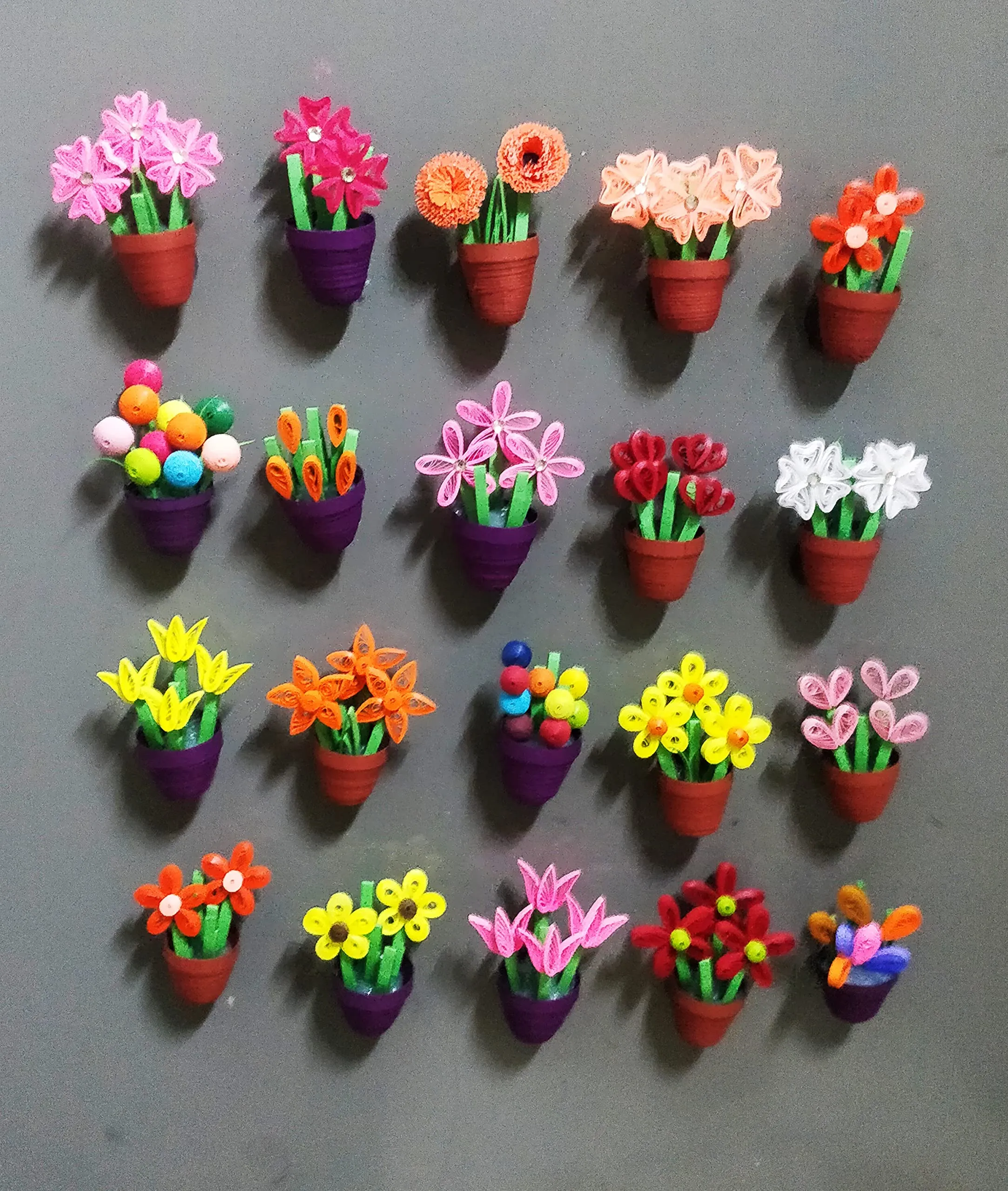 Navyakriti Arts Unique Handmade Quilling Mini Flower Pots Fridge Magnets in A Set of 20 (Color: Multi-Color)