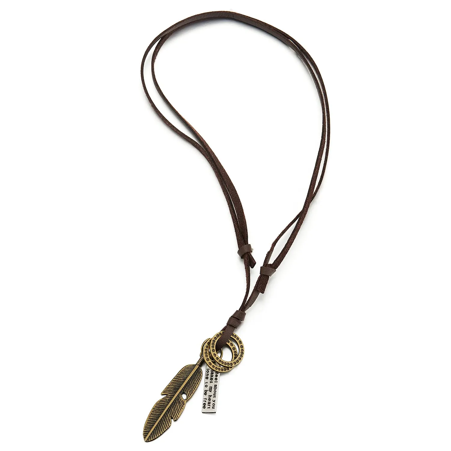 Retro Style Aged Brass Feather Pendant with Adjustable Brown Leather Cord Necklace Unisex Men Women