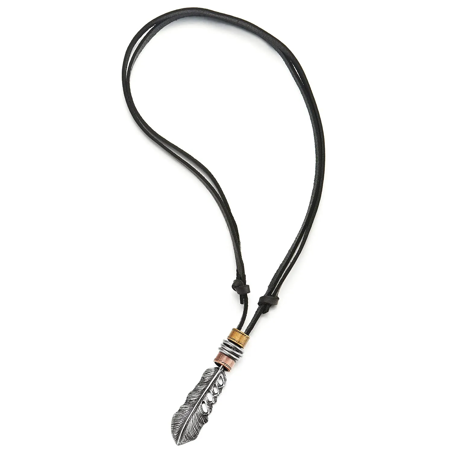 Retro Style Mens Womens Old Metal Finished Feather Pendant Necklace Adjustable Black Leather Cord