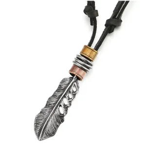 Retro Style Mens Womens Old Metal Finished Feather Pendant Necklace Adjustable Black Leather Cord