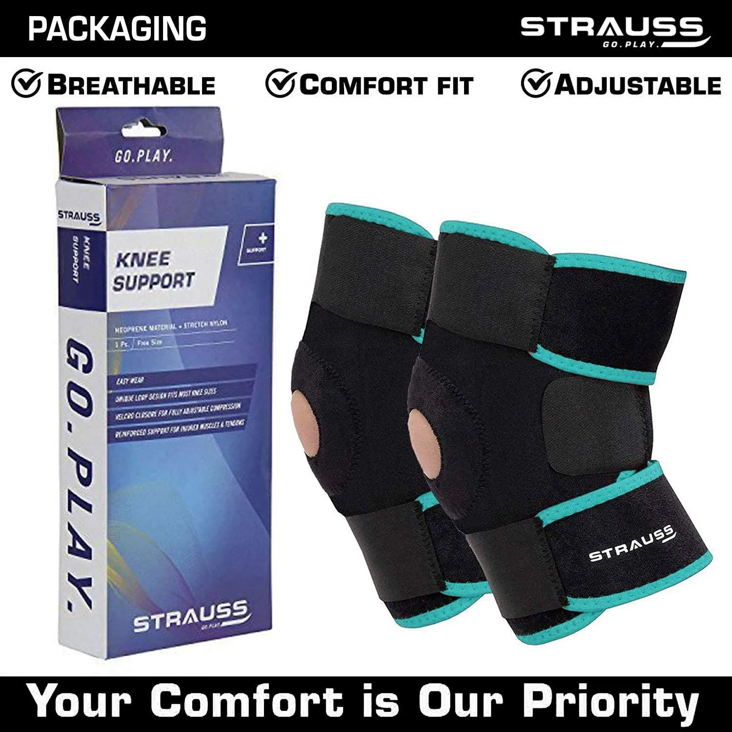 STRAUSS Adjustable Knee Support Patella|knee support for men and women|knee cap|Knee brace|Knee Guard |Knee Cap|Knee pain relief |Knee belt|Joint pain relief | Pair (Free Size, Black/Orange)