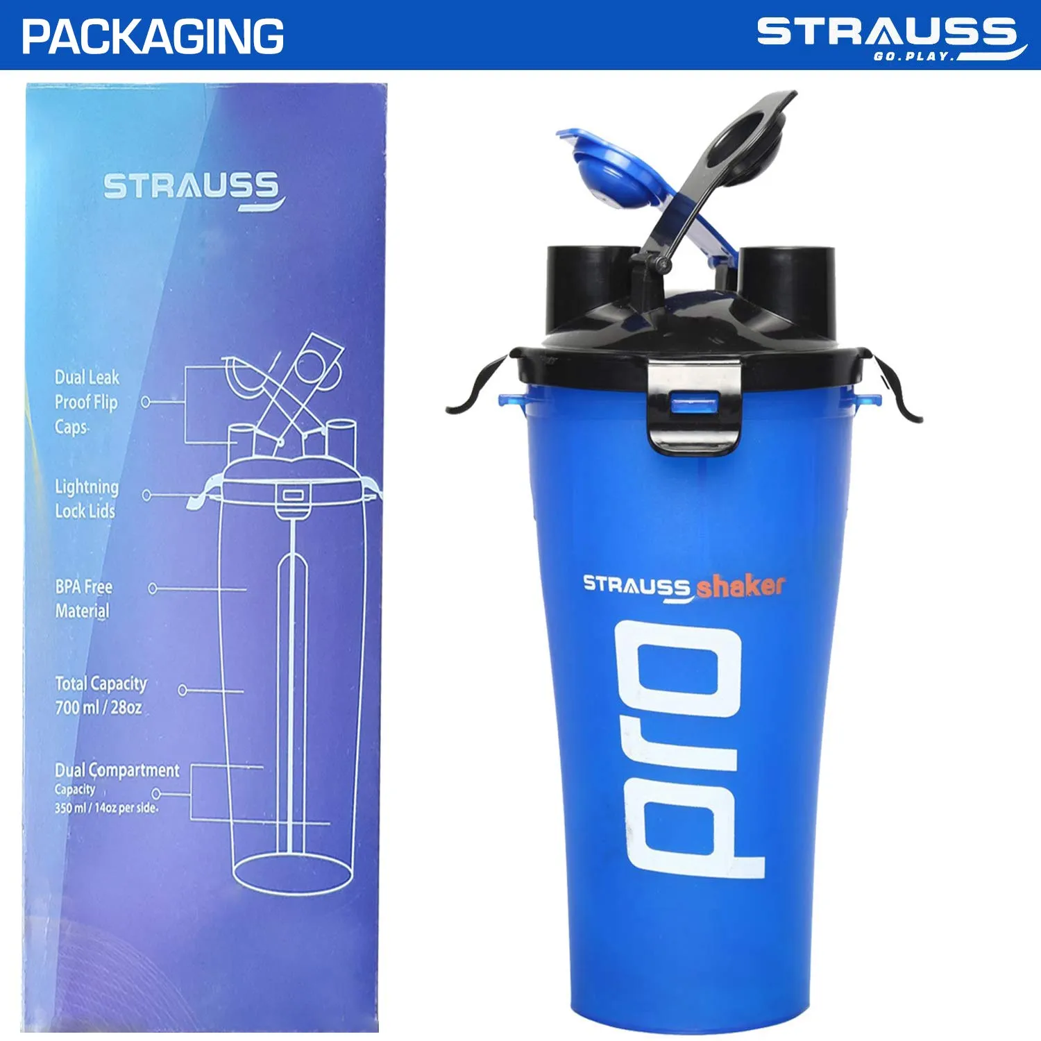 STRAUSS Dual Shaker Pro | Pre & Post Protein Shake On the Go | Leakproof and BPA-Free Material | Dual Shaker Bottle | Protein Shaker Bottle for Gym | Suitable for Both Men and Women, 700ml,(Blue)