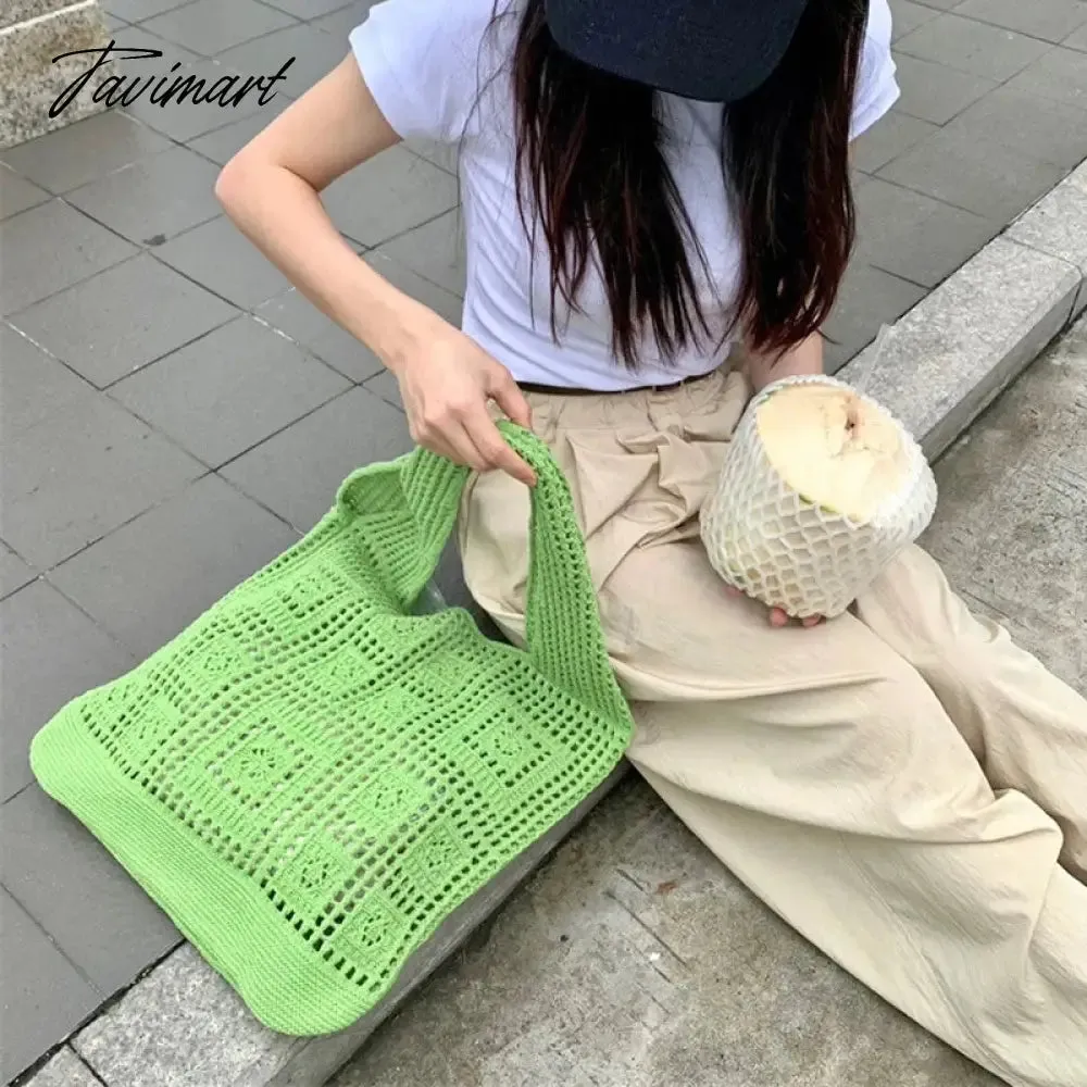 Tavimart Casual Slim Tote Bags For Women Luxury Designer Handbags And Purses New In Nylon Knitted Hollow Out Decoration Shoulder Bag