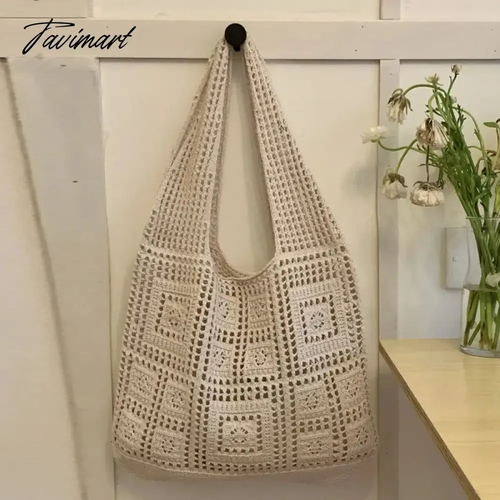 Tavimart Casual Slim Tote Bags For Women Luxury Designer Handbags And Purses New In Nylon Knitted Hollow Out Decoration Shoulder Bag