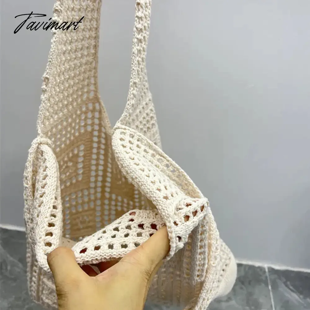 Tavimart Casual Slim Tote Bags For Women Luxury Designer Handbags And Purses New In Nylon Knitted Hollow Out Decoration Shoulder Bag