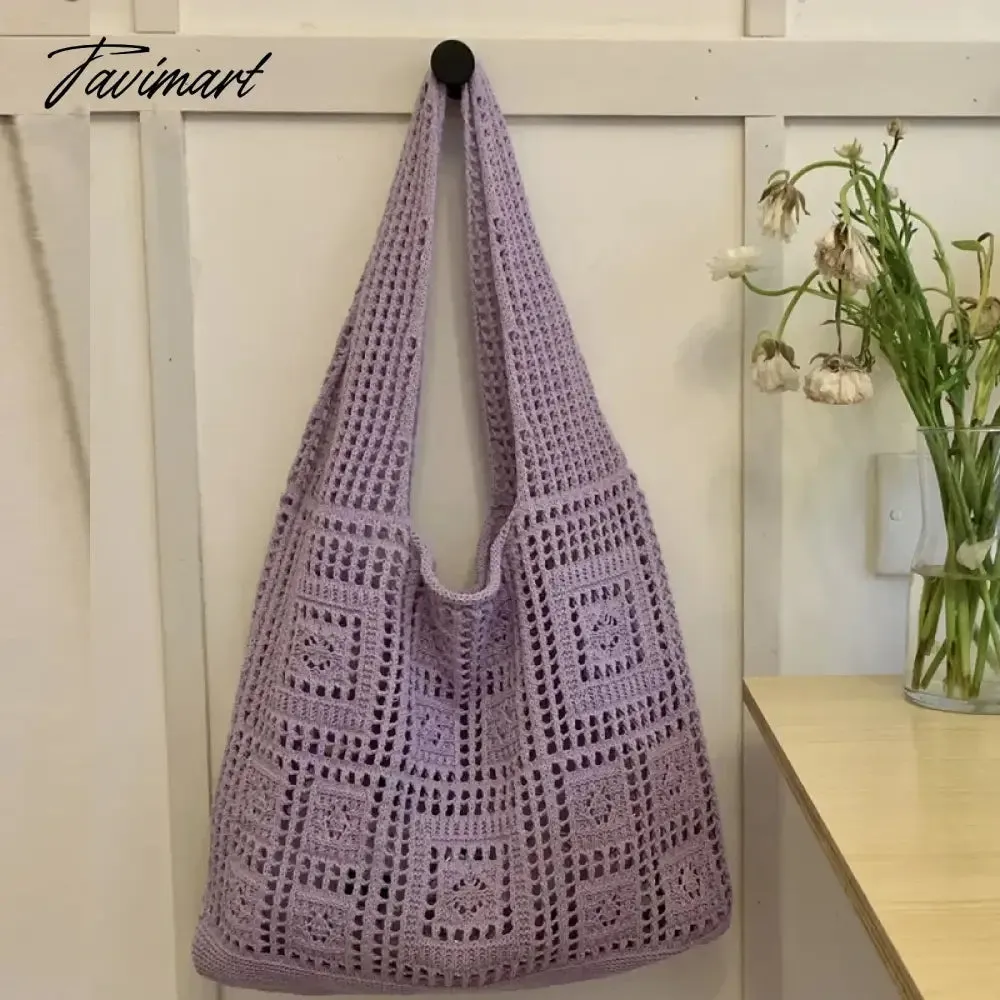 Tavimart Casual Slim Tote Bags For Women Luxury Designer Handbags And Purses New In Nylon Knitted Hollow Out Decoration Shoulder Bag