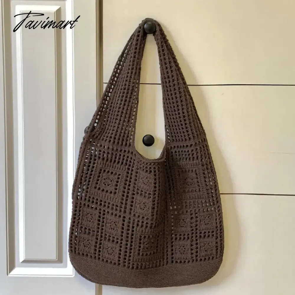 Tavimart Casual Slim Tote Bags For Women Luxury Designer Handbags And Purses New In Nylon Knitted Hollow Out Decoration Shoulder Bag