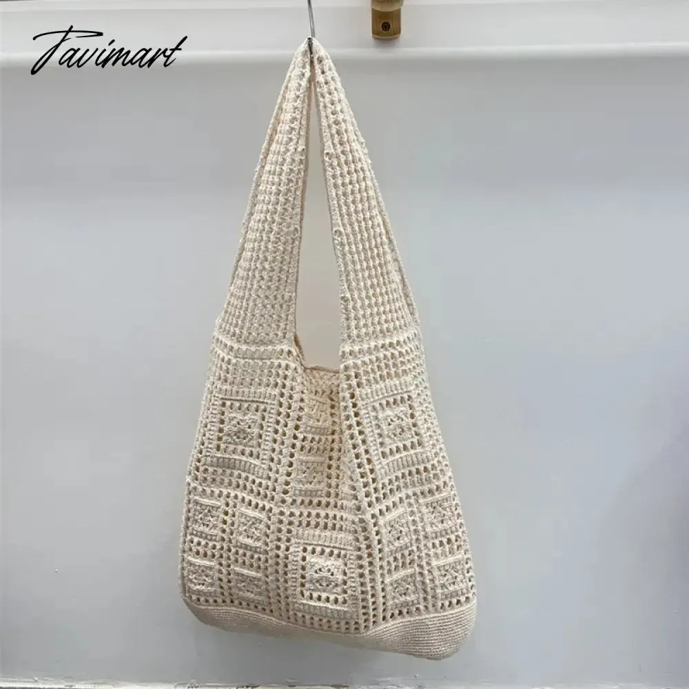 Tavimart Casual Slim Tote Bags For Women Luxury Designer Handbags And Purses New In Nylon Knitted Hollow Out Decoration Shoulder Bag