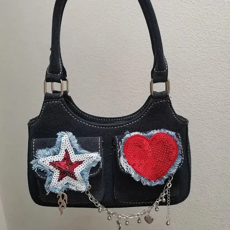 TAVIMART  -  Women New Retro Y2k Aesthetic Star Heart Sequined Shoulder Bags Vintage Punk Korean Handbags Harajuku Chain Crossbody Bag Denim