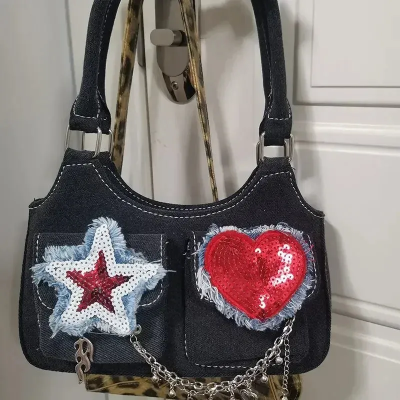 TAVIMART  -  Women New Retro Y2k Aesthetic Star Heart Sequined Shoulder Bags Vintage Punk Korean Handbags Harajuku Chain Crossbody Bag Denim