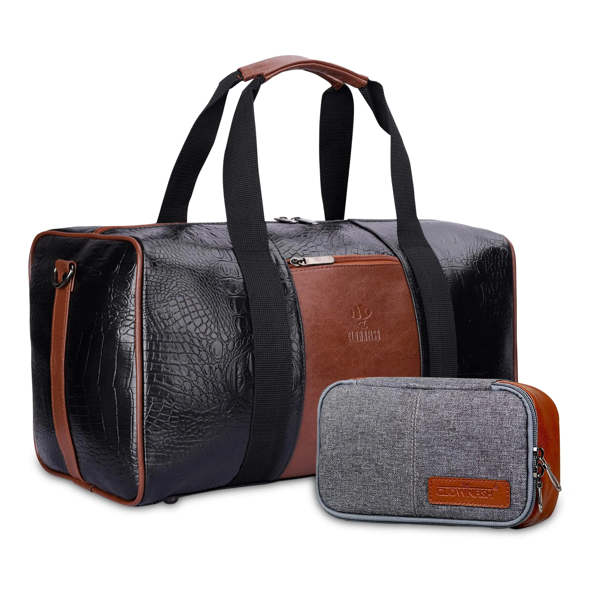 The Clownfish Combo of Anderson 25 litres Unisex Faux Leather Travel Duffle Bag (Black) & The Clownfish Travel Pouch Toiletry Bag Shaving Kit Bag for Men Travel Kit for Women (Grey)