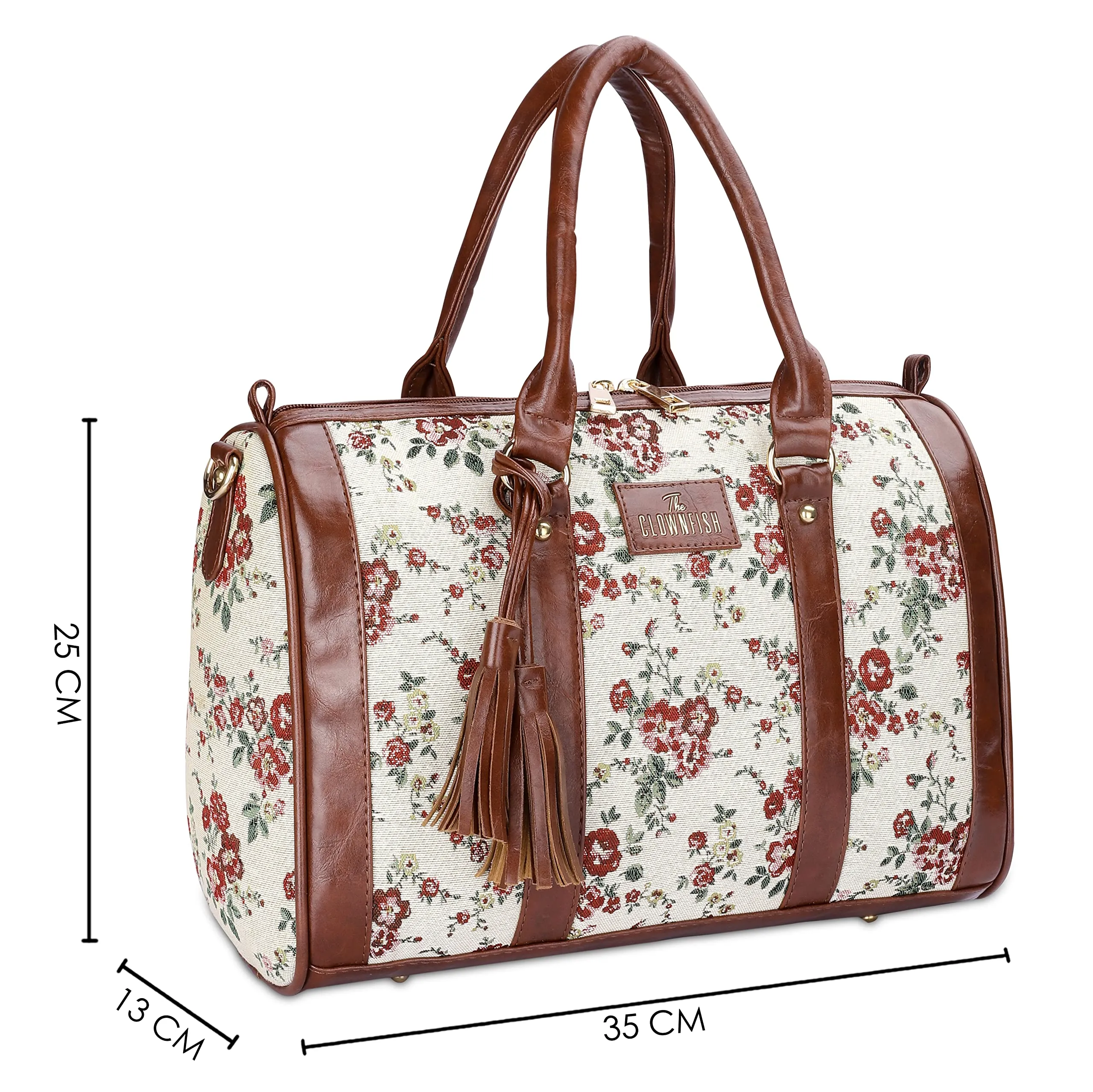 THE CLOWNFISH Lorna Printed Handicraft Fabric & Faux Leather Handbag Sling Bag for Women Office Bag Ladies Shoulder Bag Tote For Women College Girls (White-Floral)