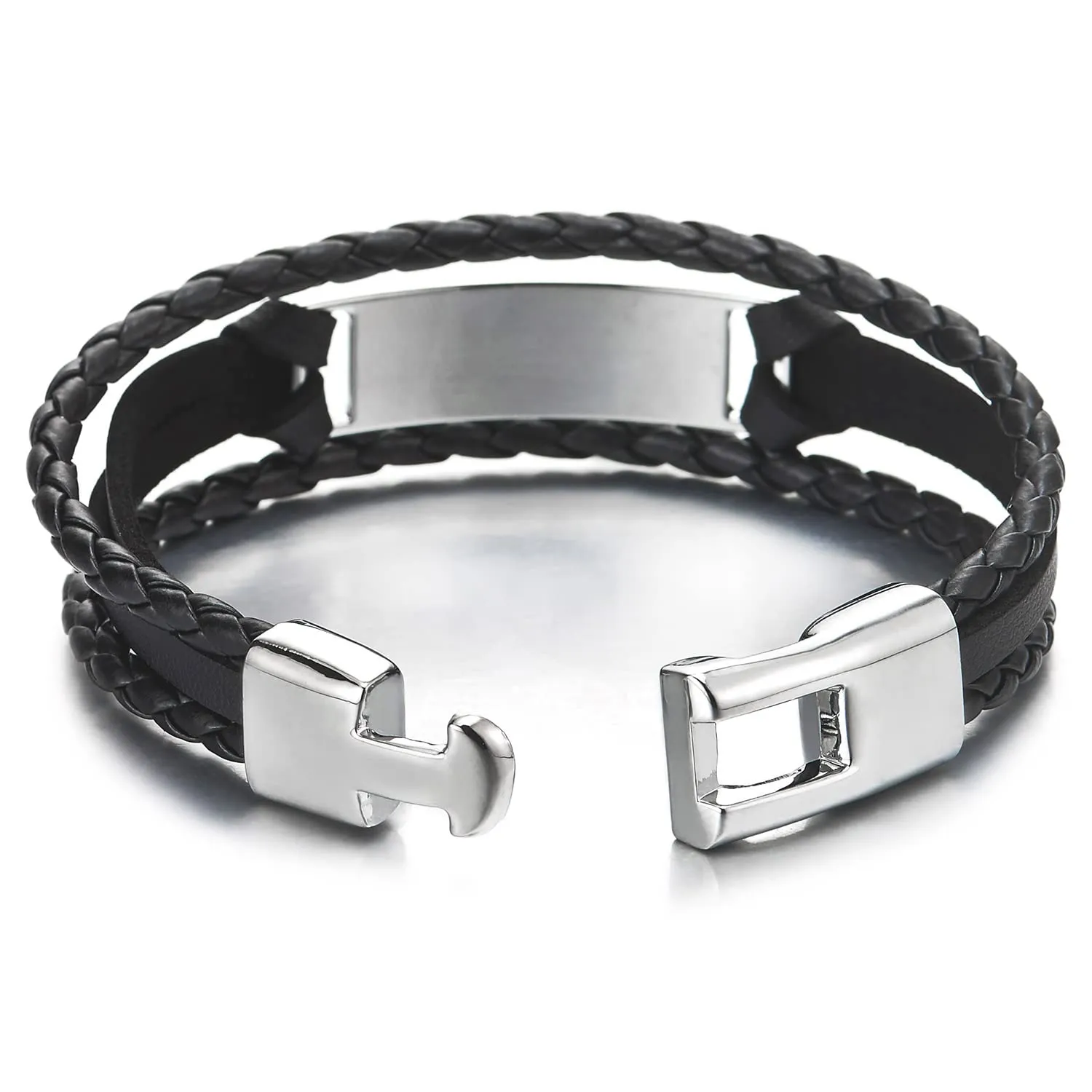 Three-Row Black Braided Leather Bracelet for Men Women, ID Identification Wrap Bracelet