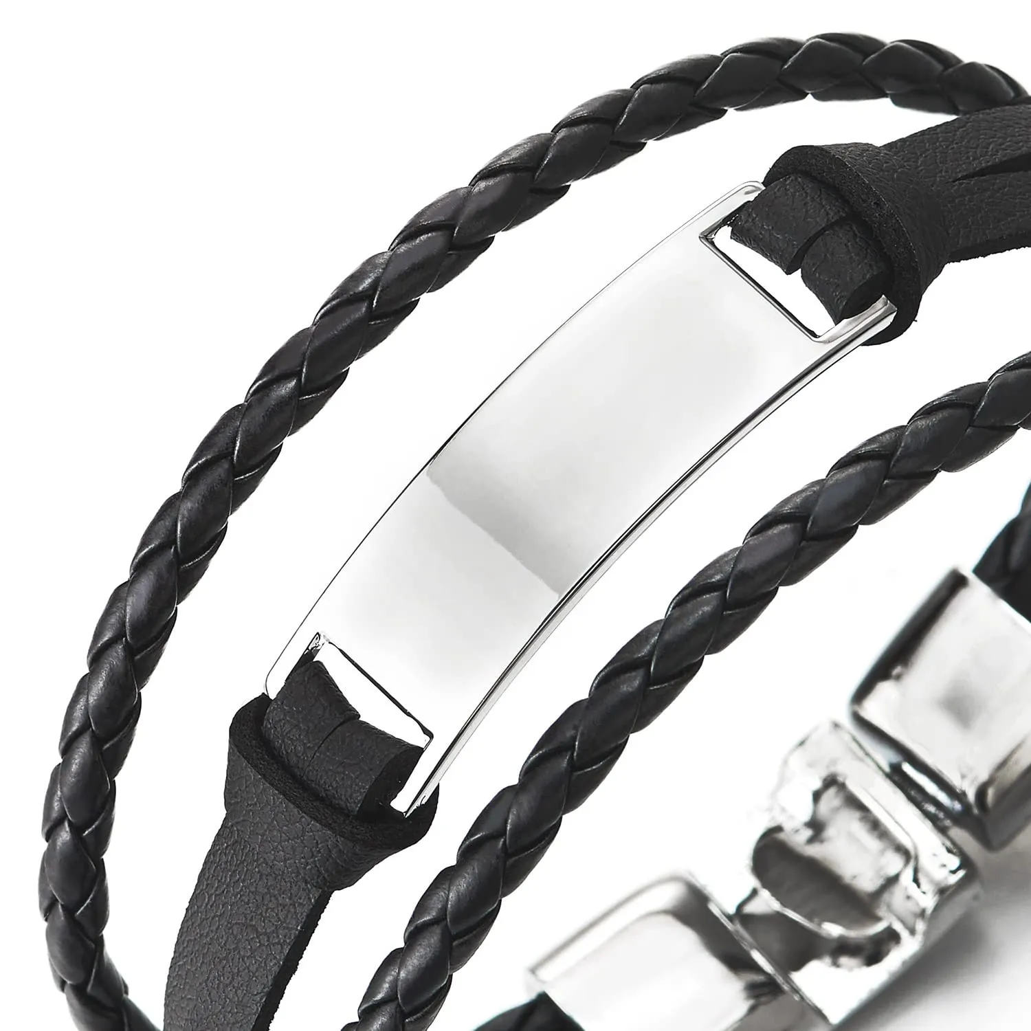 Three-Row Black Braided Leather Bracelet for Men Women, ID Identification Wrap Bracelet