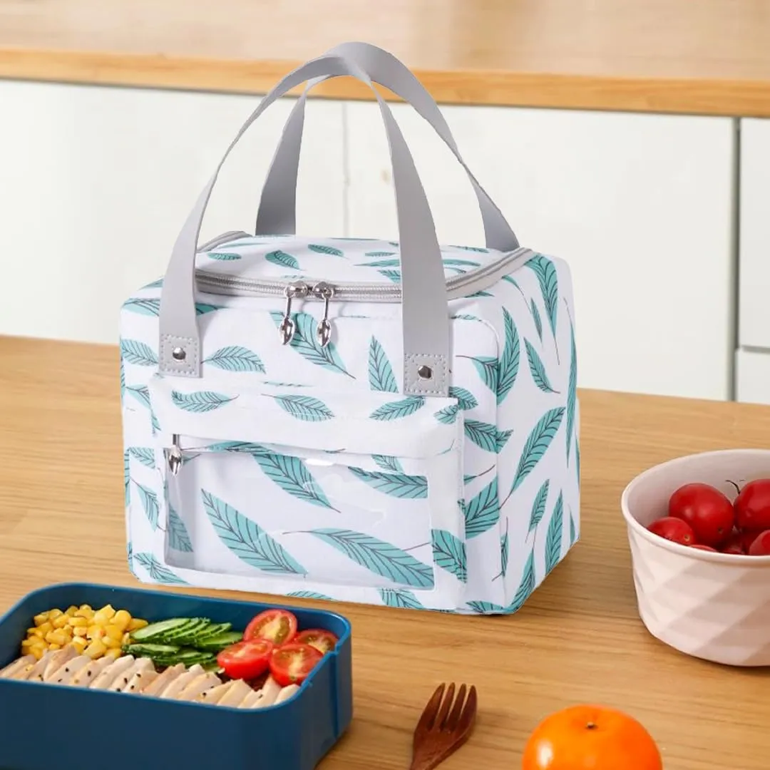 UMAI Insulated Lunch/Tiffin/Storage Bag for Kids, Women & Men | Ideal Tote Bag for Office/School/Outdoor Activities-Lightweight, Durable Handle, Front Pocket for Napkins, Cutlery (White Green Leaves)