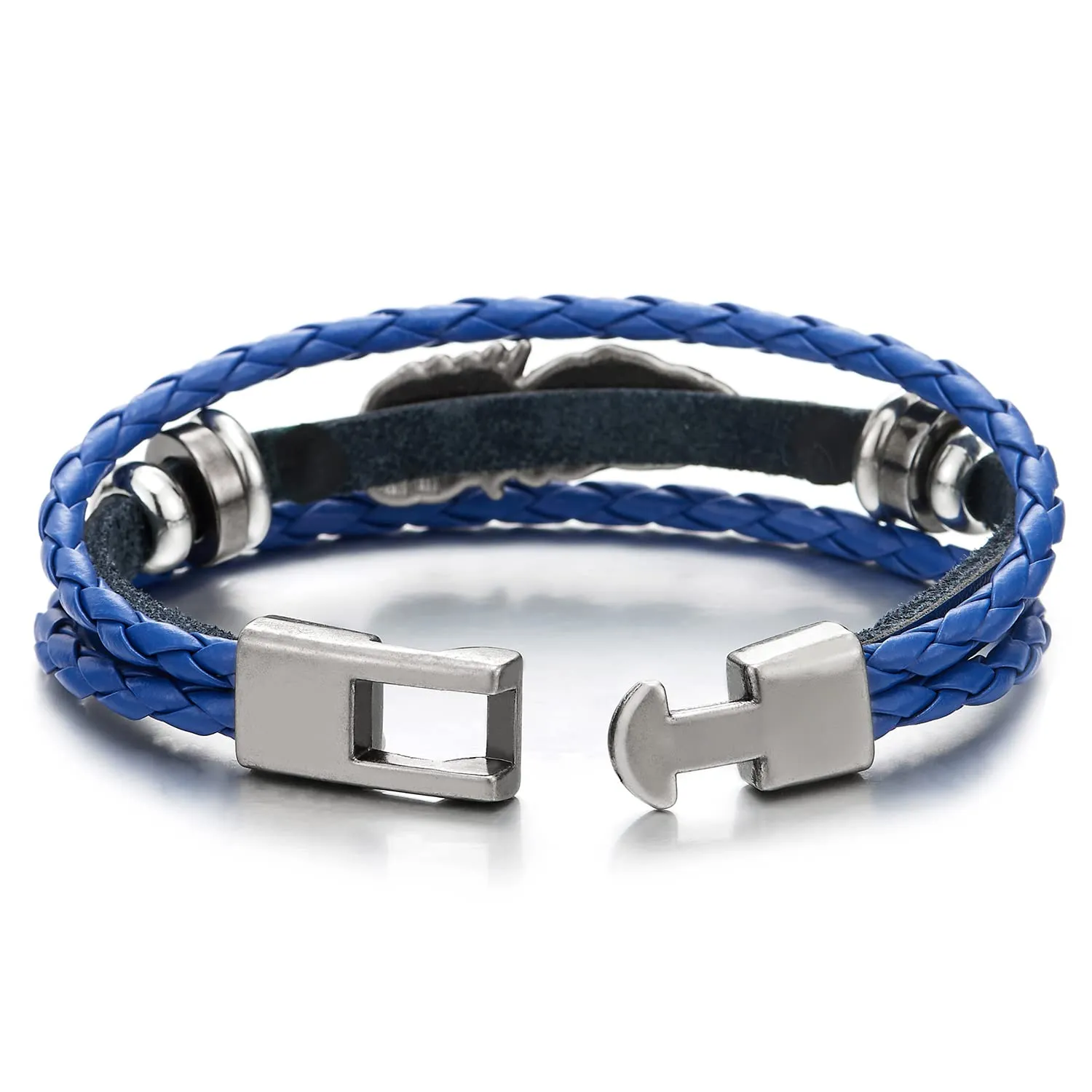 Vintage Feather Leaf Blue Braided Leather Bracelet for Men Women, Three-Row Leather Wristband