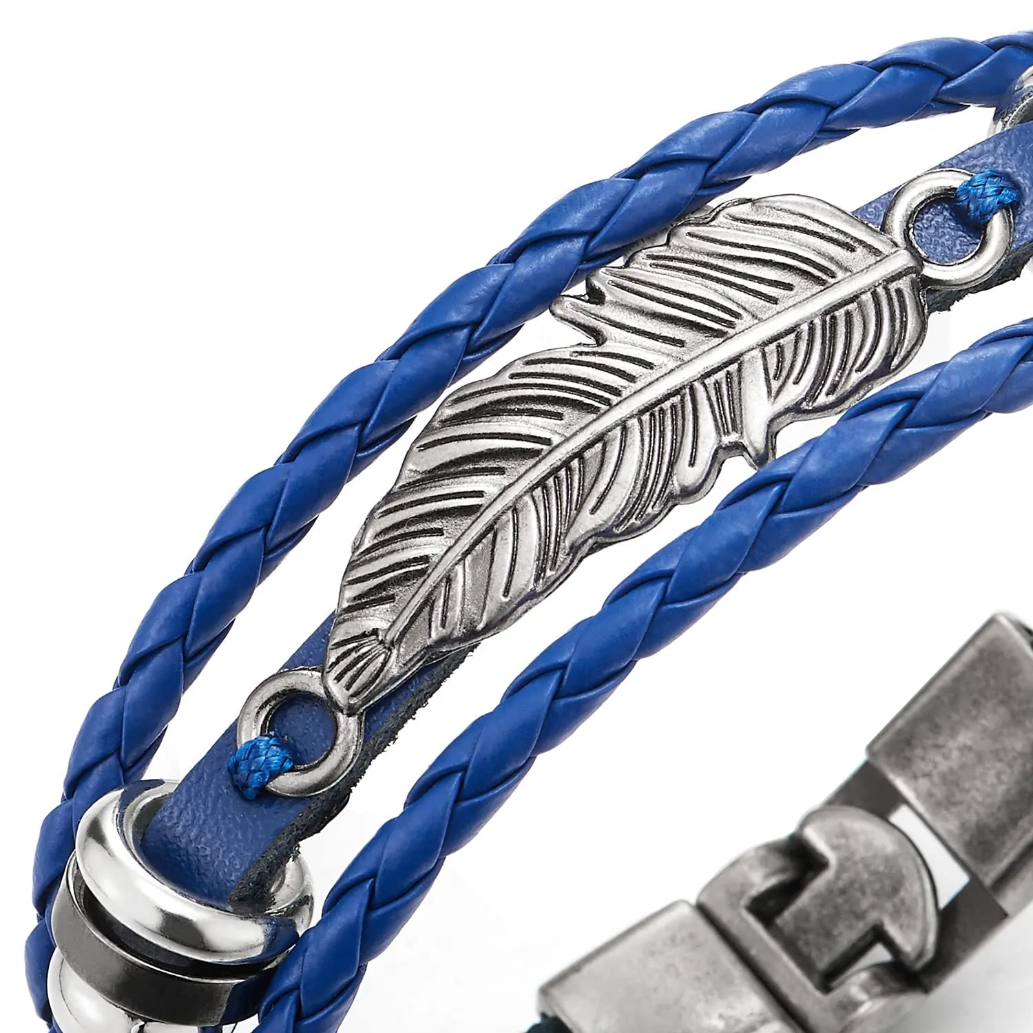 Vintage Feather Leaf Blue Braided Leather Bracelet for Men Women, Three-Row Leather Wristband