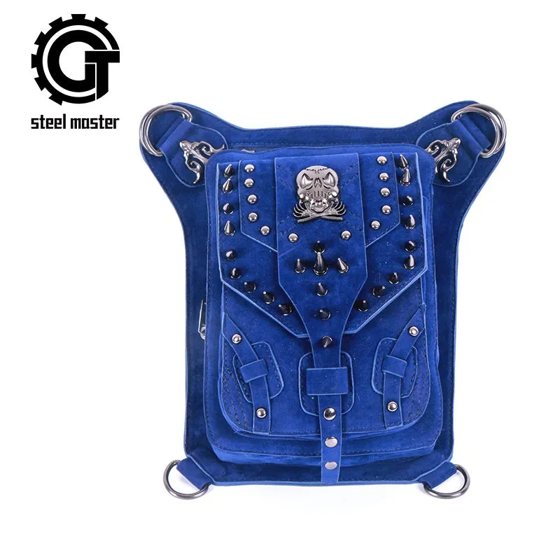 Vintage Steampunk Skull Bags Retro Rock Rivets Waist Bag Men Women Gothic Blue Suede Leather Motorcycle Crossbody Bags