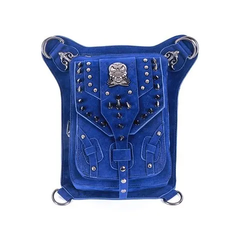 Vintage Steampunk Skull Bags Retro Rock Rivets Waist Bag Men Women Gothic Blue Suede Leather Motorcycle Crossbody Bags