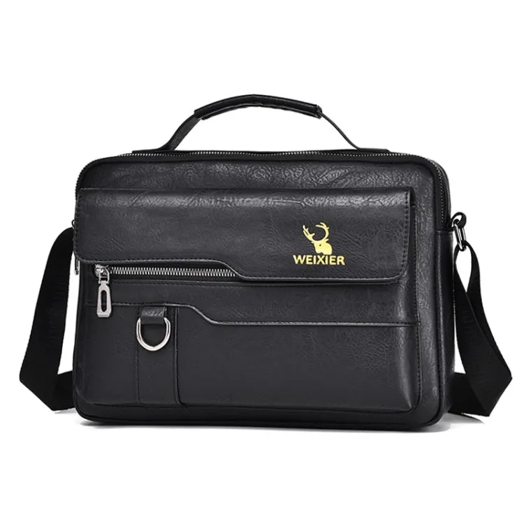 WEIXIER Men Shoulder Bag Retro Leather Laptop Business Casual Bag(Horizontal Black)