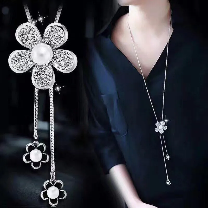 Wenkouban Sunflower Crystal Pendant Necklace Women Fashion Blue White Rhinestone Long Chain Necklaces & Pendants Jewelry