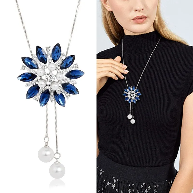 Wenkouban Sunflower Crystal Pendant Necklace Women Fashion Blue White Rhinestone Long Chain Necklaces & Pendants Jewelry