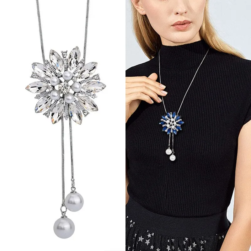 Wenkouban Sunflower Crystal Pendant Necklace Women Fashion Blue White Rhinestone Long Chain Necklaces & Pendants Jewelry