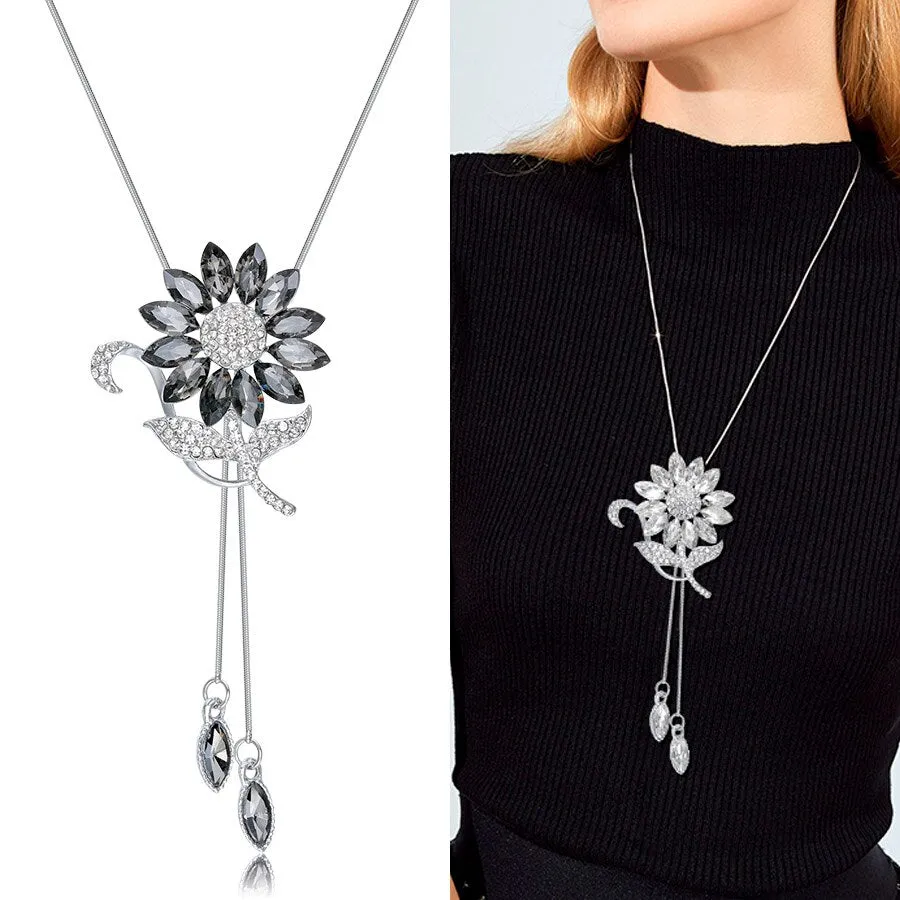 Wenkouban Sunflower Crystal Pendant Necklace Women Fashion Blue White Rhinestone Long Chain Necklaces & Pendants Jewelry