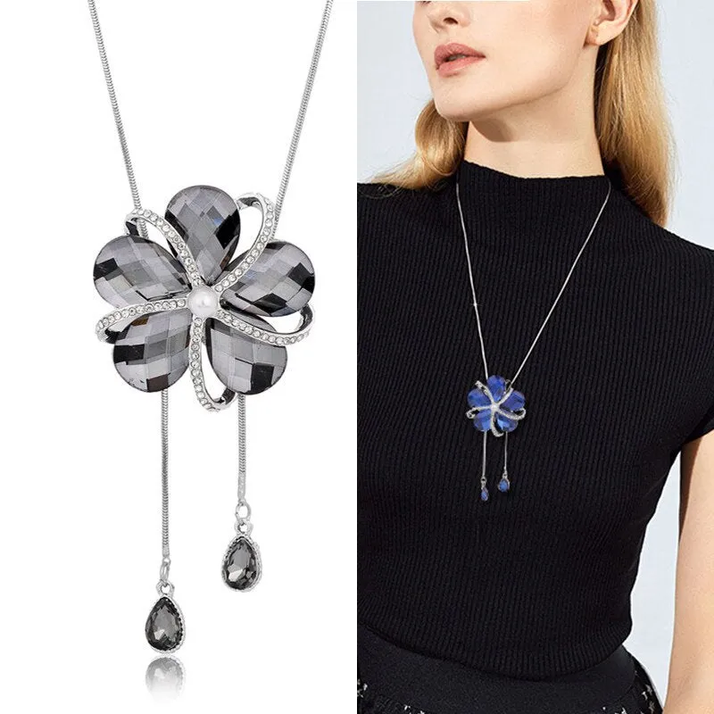 Wenkouban Sunflower Crystal Pendant Necklace Women Fashion Blue White Rhinestone Long Chain Necklaces & Pendants Jewelry