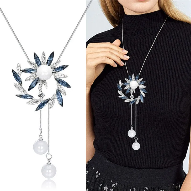 Wenkouban Sunflower Crystal Pendant Necklace Women Fashion Blue White Rhinestone Long Chain Necklaces & Pendants Jewelry