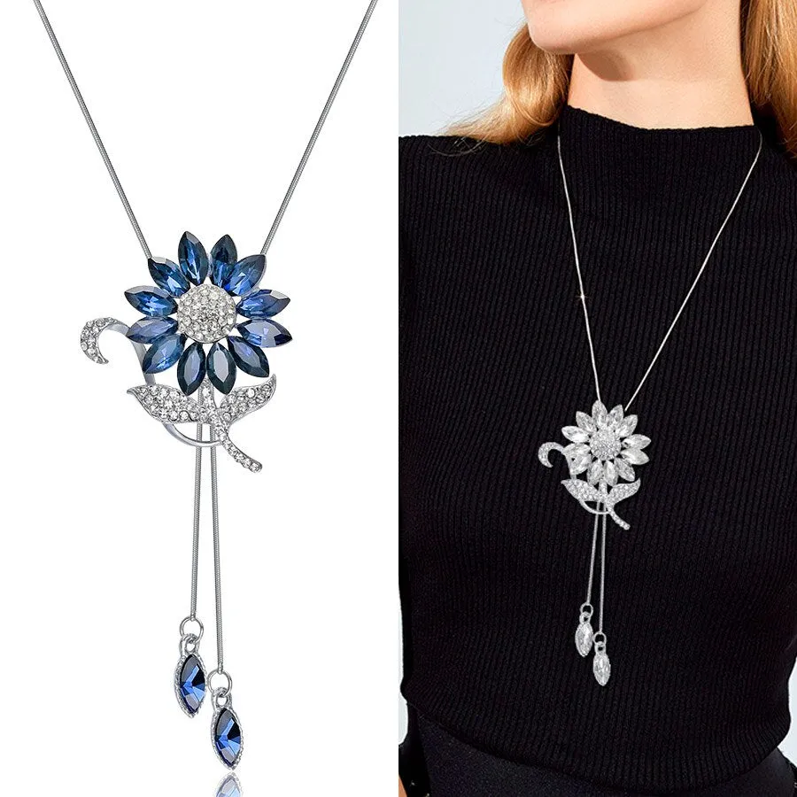 Wenkouban Sunflower Crystal Pendant Necklace Women Fashion Blue White Rhinestone Long Chain Necklaces & Pendants Jewelry