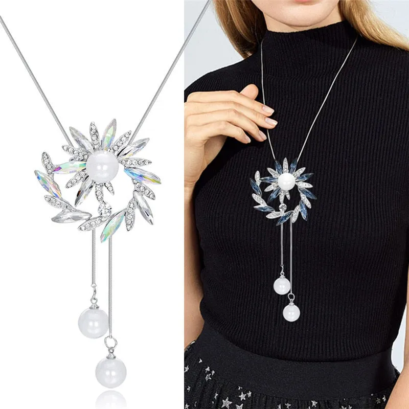 Wenkouban Sunflower Crystal Pendant Necklace Women Fashion Blue White Rhinestone Long Chain Necklaces & Pendants Jewelry