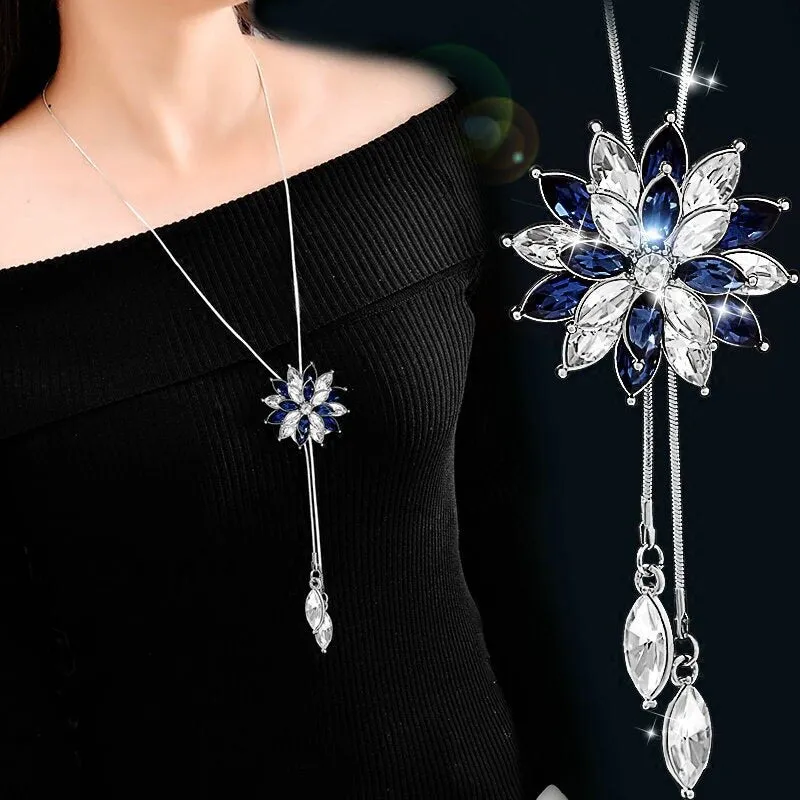 Wenkouban Sunflower Crystal Pendant Necklace Women Fashion Blue White Rhinestone Long Chain Necklaces & Pendants Jewelry