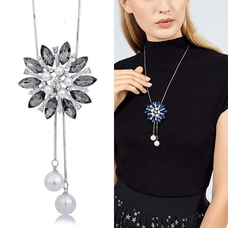 Wenkouban Sunflower Crystal Pendant Necklace Women Fashion Blue White Rhinestone Long Chain Necklaces & Pendants Jewelry