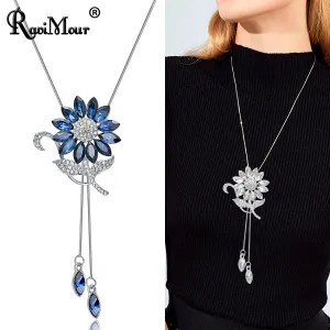 Wenkouban Sunflower Crystal Pendant Necklace Women Fashion Blue White Rhinestone Long Chain Necklaces & Pendants Jewelry