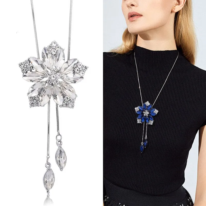 Wenkouban Sunflower Crystal Pendant Necklace Women Fashion Blue White Rhinestone Long Chain Necklaces & Pendants Jewelry