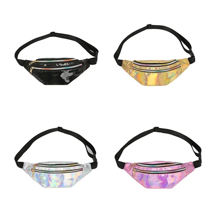 Women Punk Laser Glossy PU Double Zipper Chest Bag Casual Waist Bag(Black)