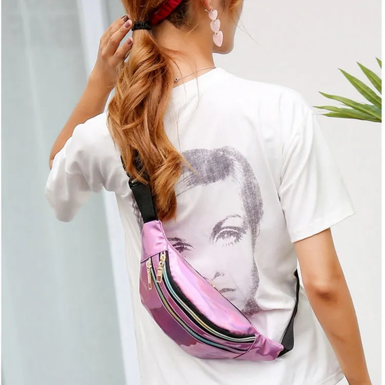 Women Punk Laser Glossy PU Double Zipper Chest Bag Casual Waist Bag(Black)